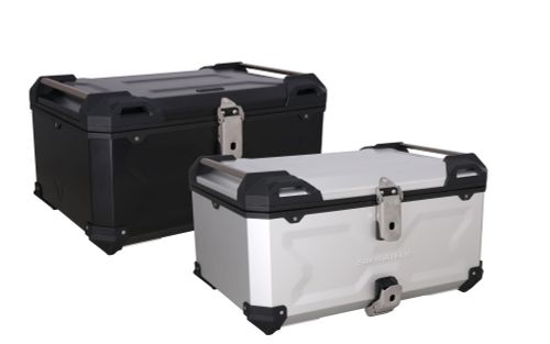 Two robust motorcycle storage boxes, one black and one silver, with secure latches.