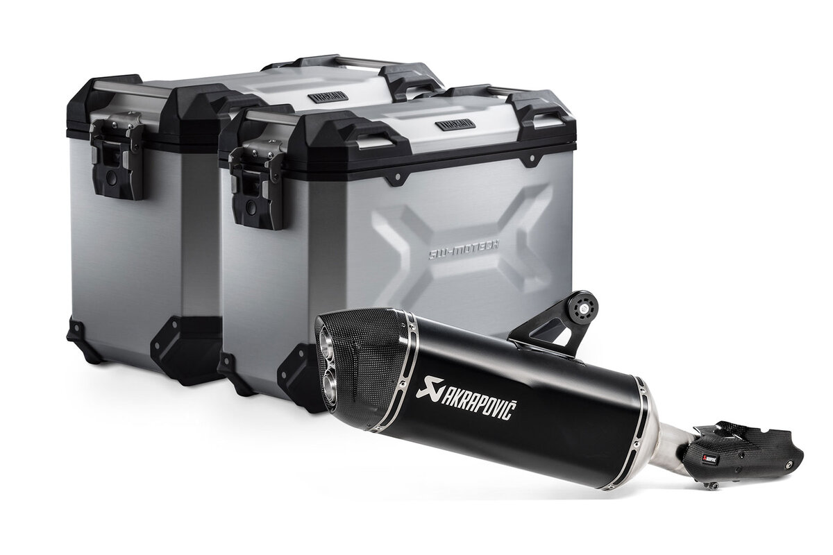 TRAX ADV aluminum case system + Akrapovic. Silver. 45/37 l. BMW R 1250 GS/ Adv/Rallye (18-).